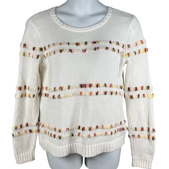Talbots Womens L White Knit Sweater Rainbow Accents Space Dye Long Sleeve Top - Picture 1 of 15